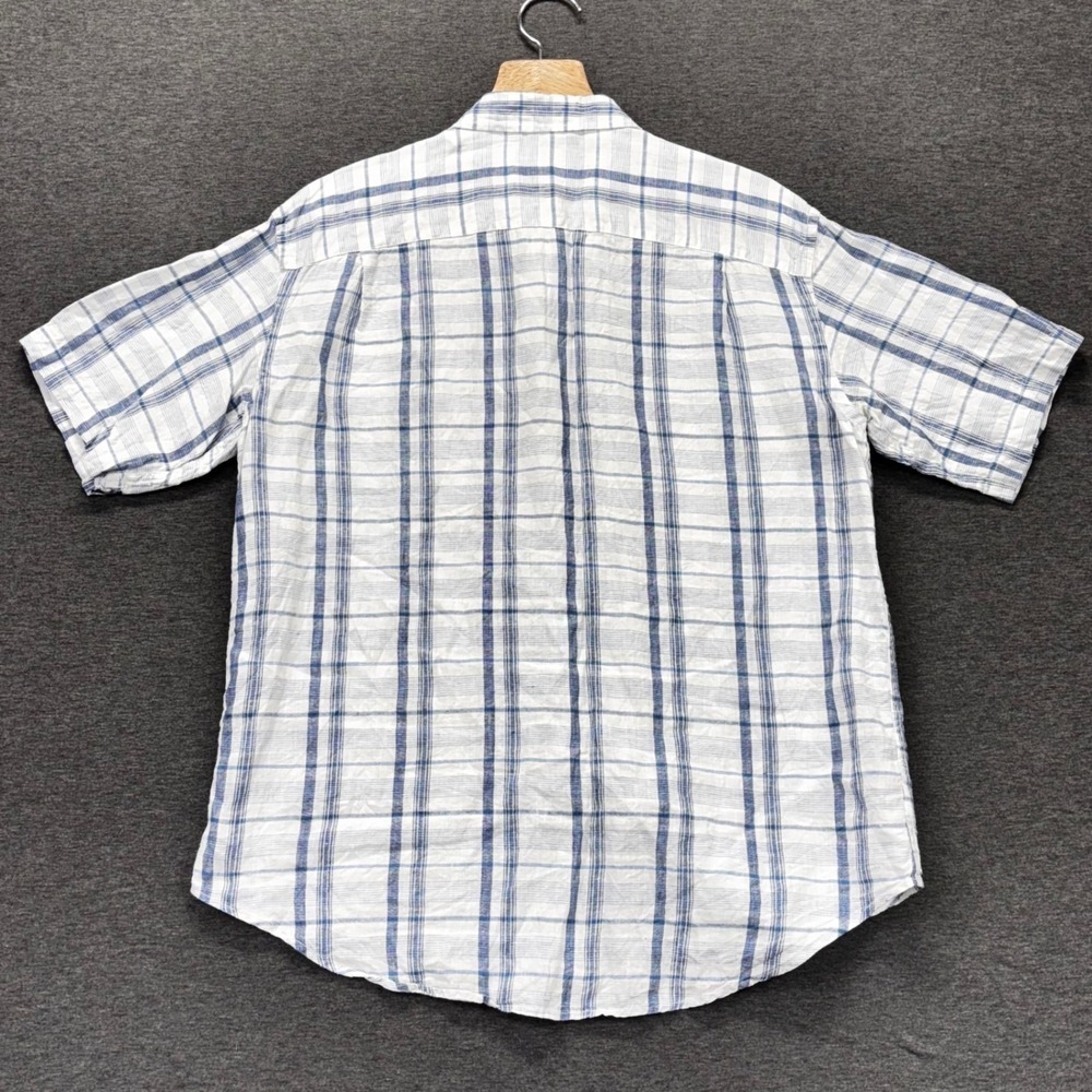 Jos A Bank Shirt Mens L Blue White Plaid Short Sleeve 100%‎ Linen Button Front - Picture 8 of 10